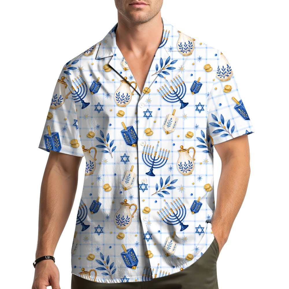Second lifestyle view of the hanukkah hawaiian shirt worn during holiday celebrations
