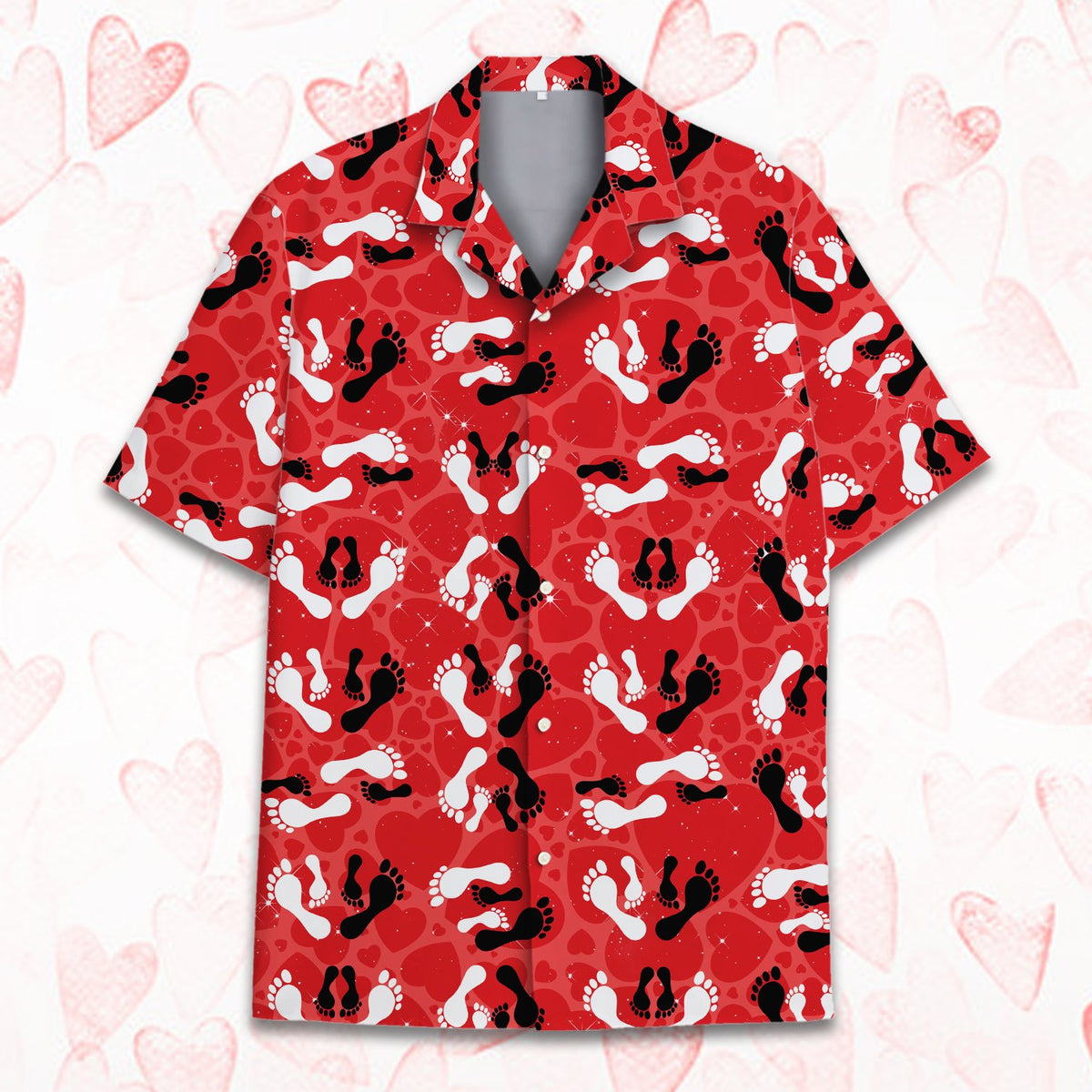 Main view of the red hearts hawaiian shirt with a hearts and footprints pattern