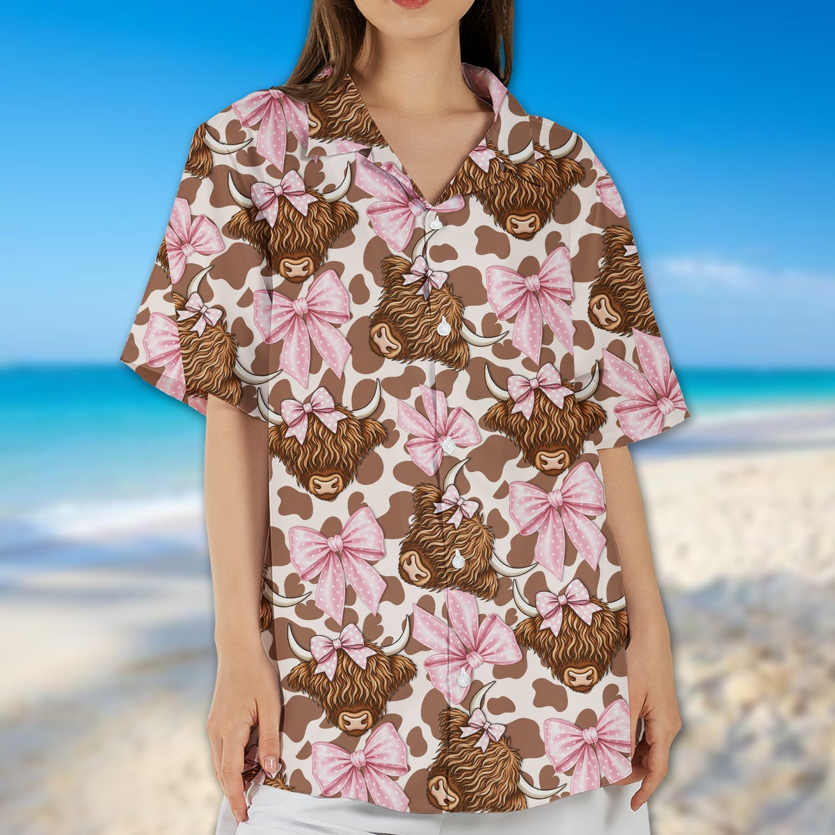 Back view of matching family hawaiian shirt highland cow