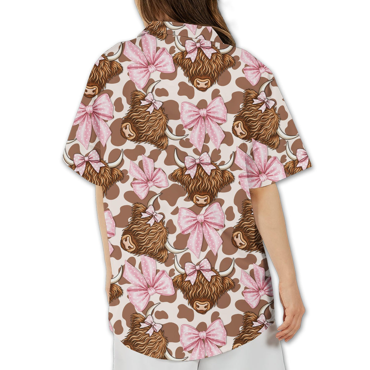 Close up back view of brown highland hawaiian shirt