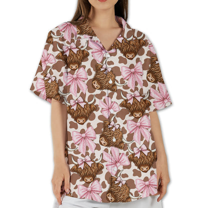 Close up front view of brown highland hawaiian shirt