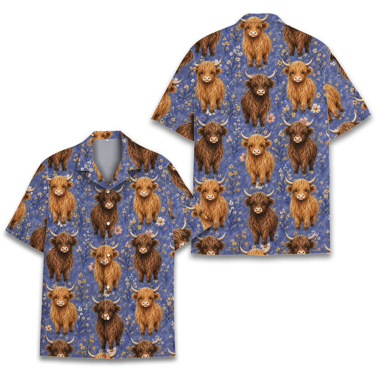 Blue highland hawaiian shirt featuring cow and flower pattern, front view