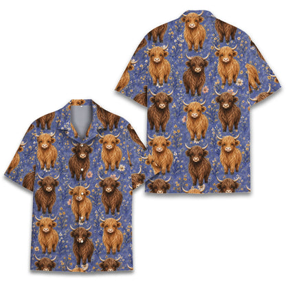 Blue highland hawaiian shirt featuring cow and flower pattern, front view