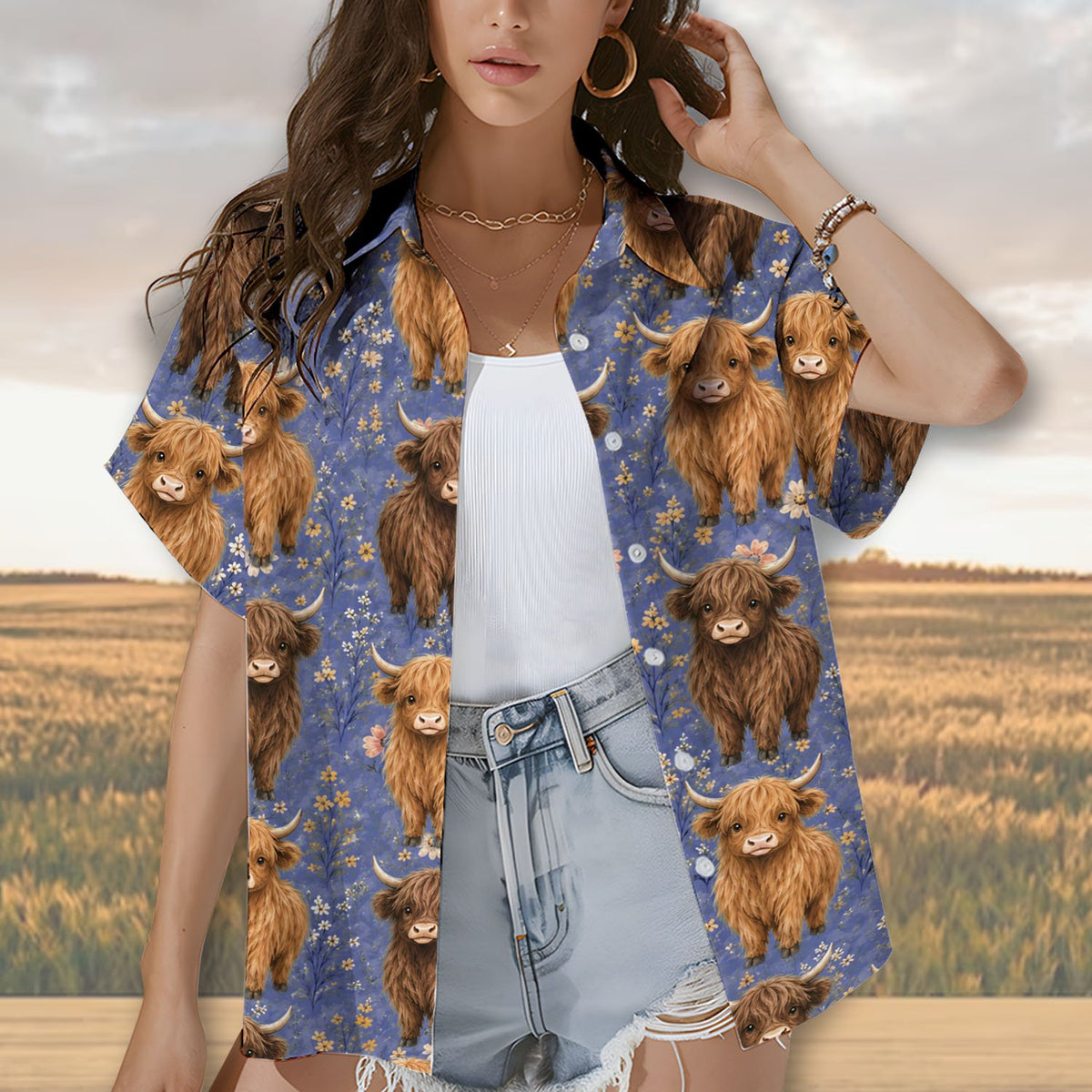 Close-up lifestyle view of the blue highland hawaiian shirt pattern
