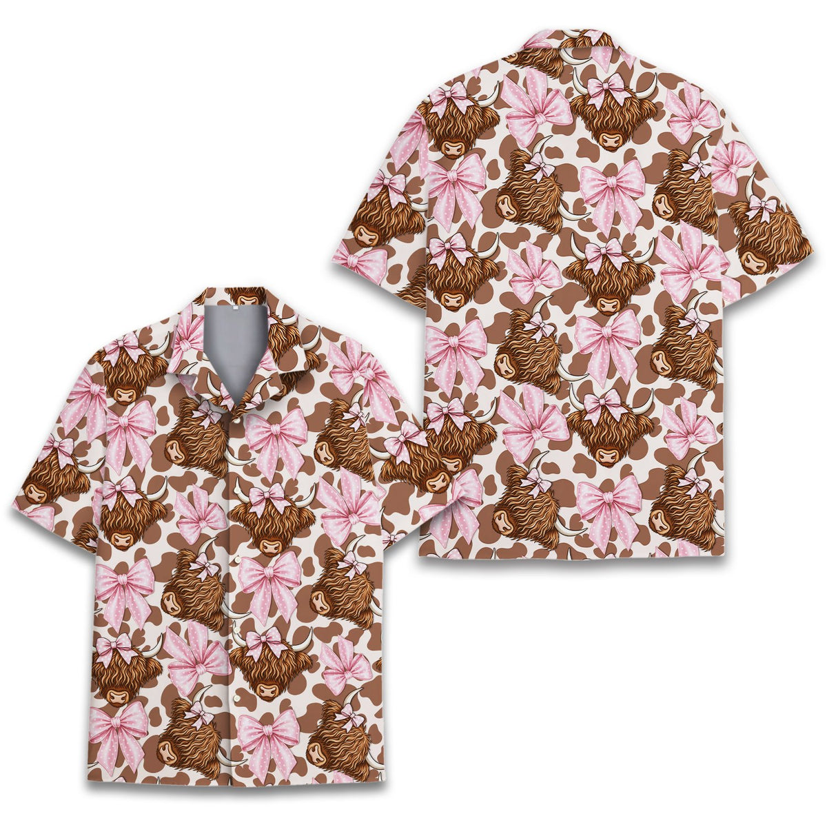 Lifestyle shot of family in highland cow hawaiian shirts