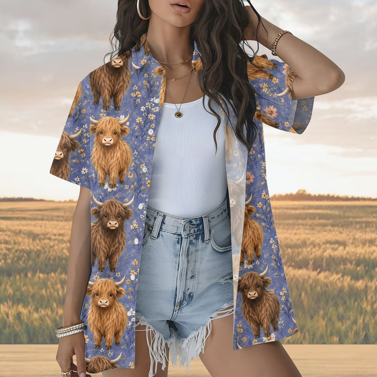 Man wearing the highland cow hawaiian shirt in a lifestyle setting