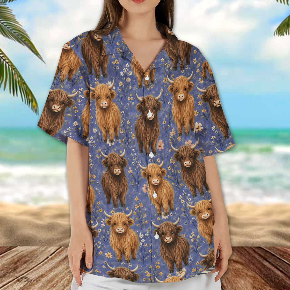 Lifestyle view of the blue highland hawaiian shirt