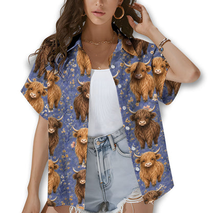 Lifestyle view of family wearing matching highland cow hawaiian shirts