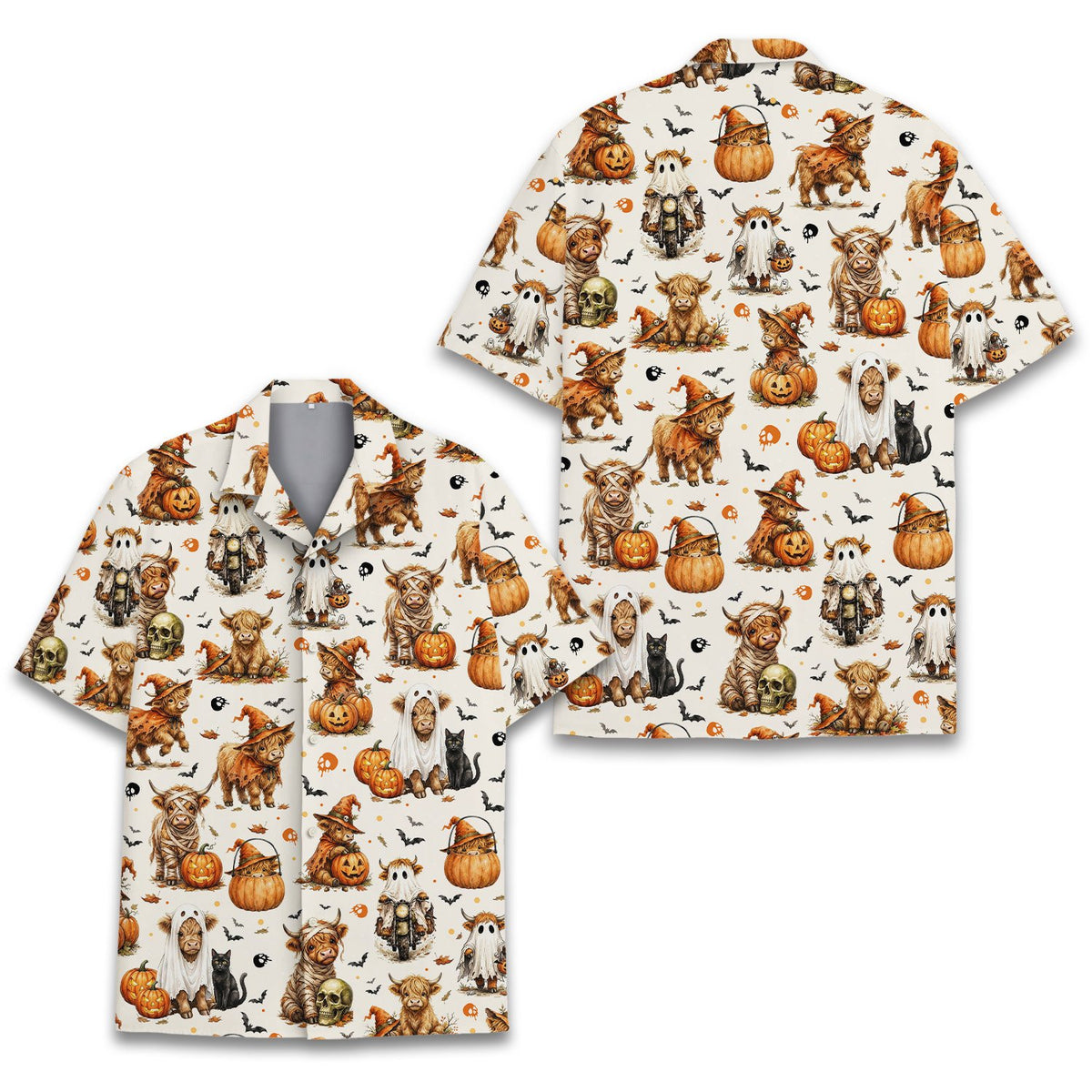 Front view of the black highland cows Halloween Hawaiian shirt