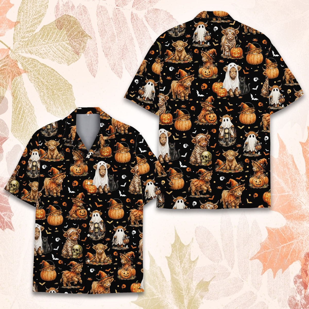 Alternate back view of the white highland cows Halloween Hawaiian shirt
