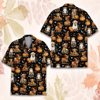 Alternate back view of the white highland cows Halloween Hawaiian shirt