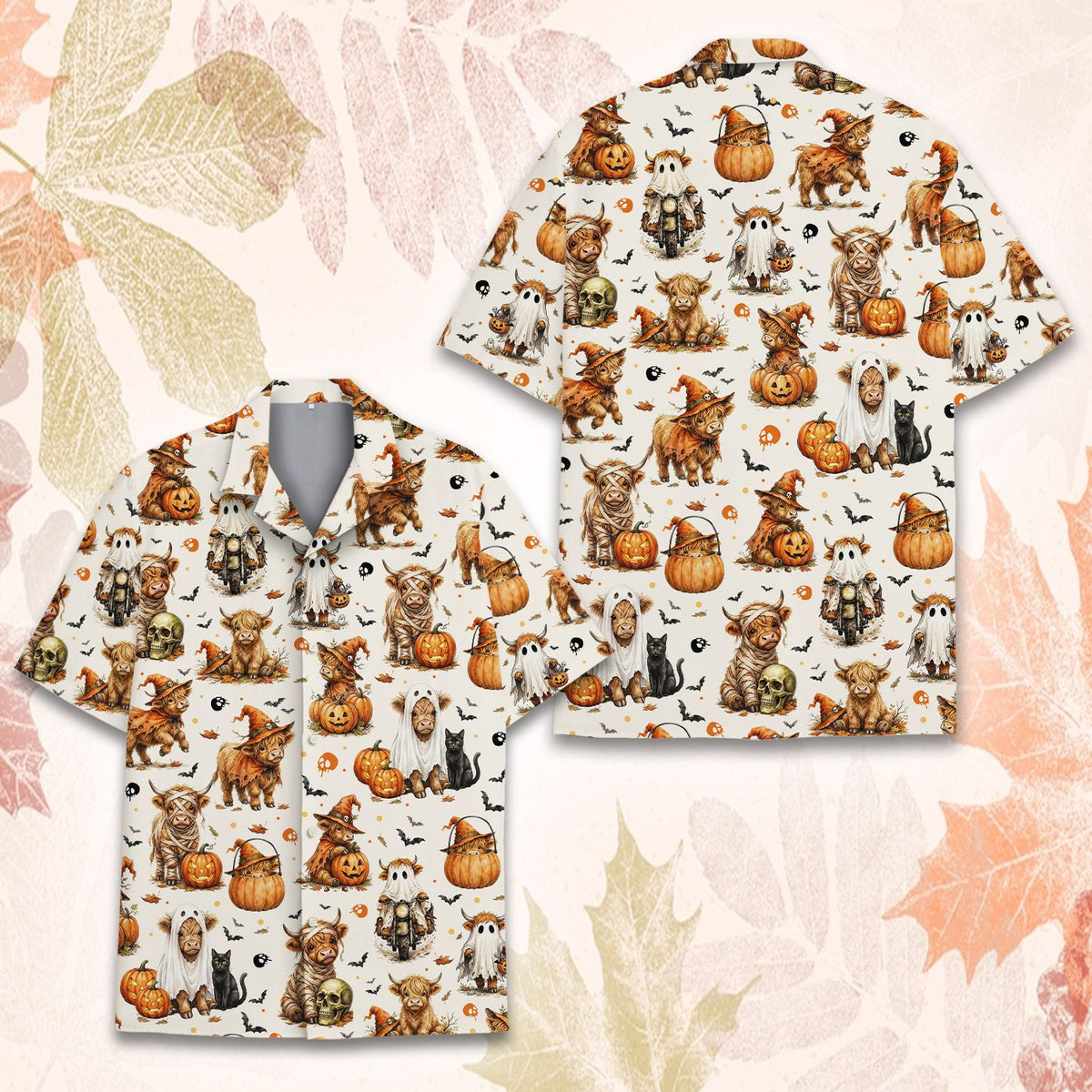 Back view of the white highland cows Halloween Hawaiian shirt
