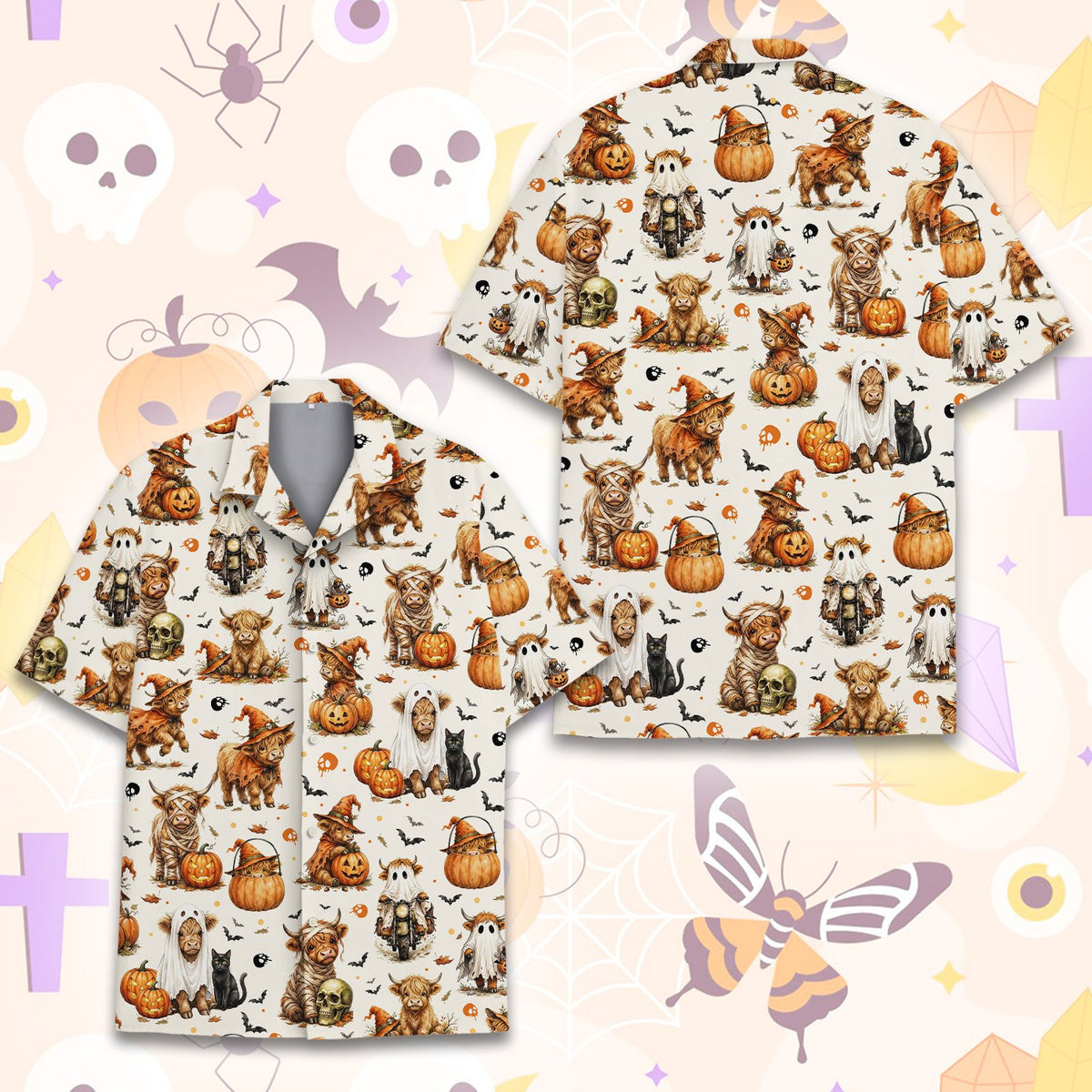 Front view of the white highland cows Halloween Hawaiian shirt