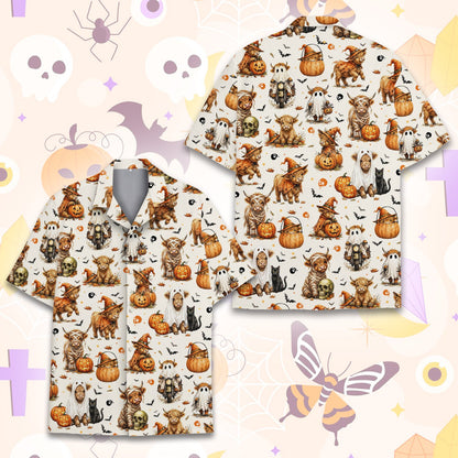 Front view of the white highland cows Halloween Hawaiian shirt