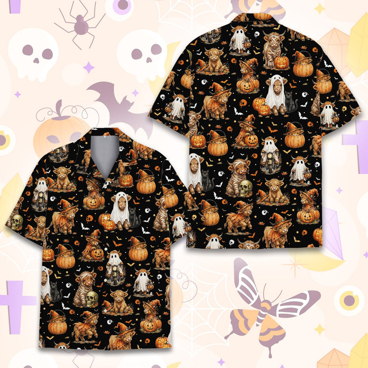 Halloween Hawaiian shirt with cow pattern, full view