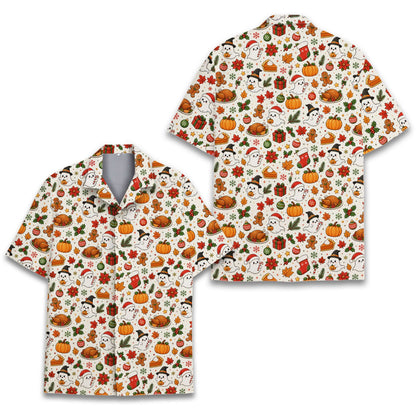 Holiday mix hawaiian shirt featuring Halloween, Thanksgiving, and Christmas icons on a cream background, front view