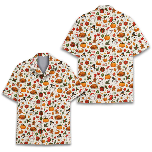 Holiday mix hawaiian shirt featuring Halloween, Thanksgiving, and Christmas icons on a cream background, front view