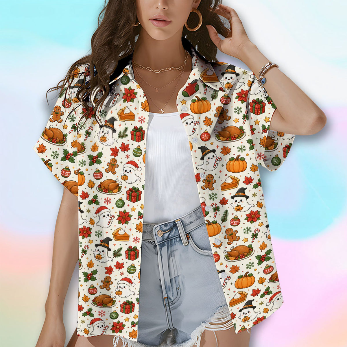 Another lifestyle view of the holiday mix hawaiian shirt being worn
