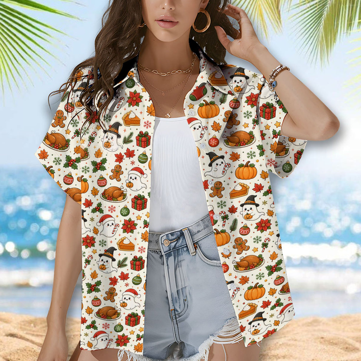 Close up lifestyle shot of the festive mix hawaiian shirt