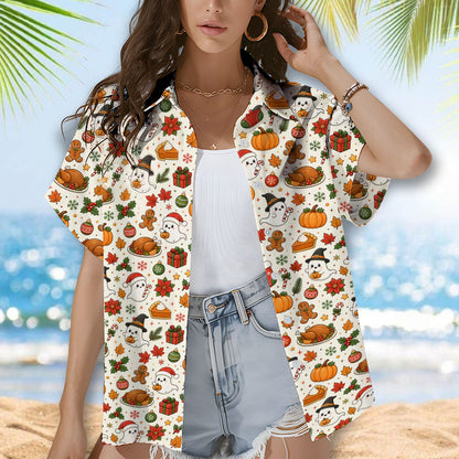 Close up lifestyle shot of the festive mix hawaiian shirt