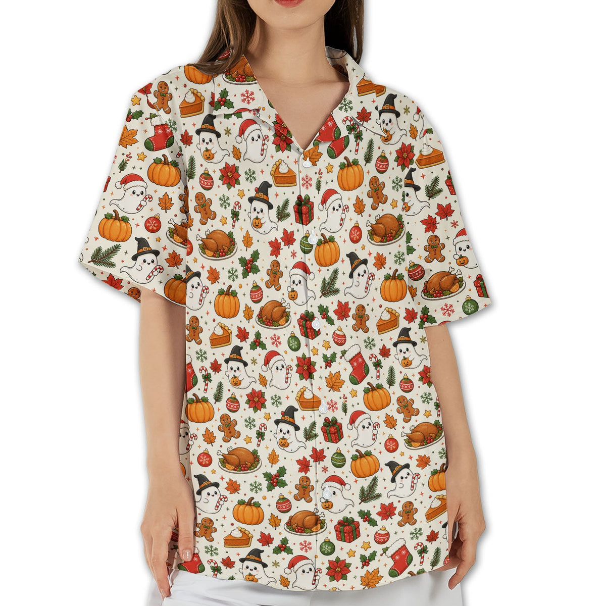 Person standing casually wearing the beige holiday hawaiian shirt