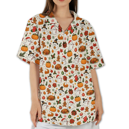 Person standing casually wearing the beige holiday hawaiian shirt