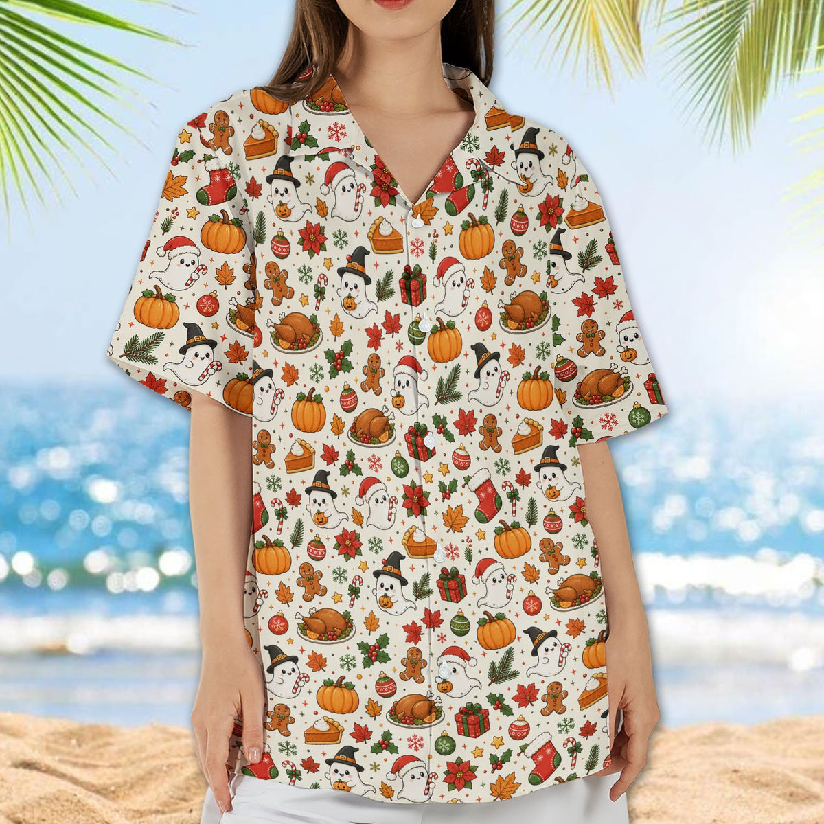 Final lifestyle view of the comfortable polyester mix hawaiian shirt