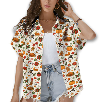 Lifestyle view of a person wearing the matching family hawaiian shirts with holiday mix pattern