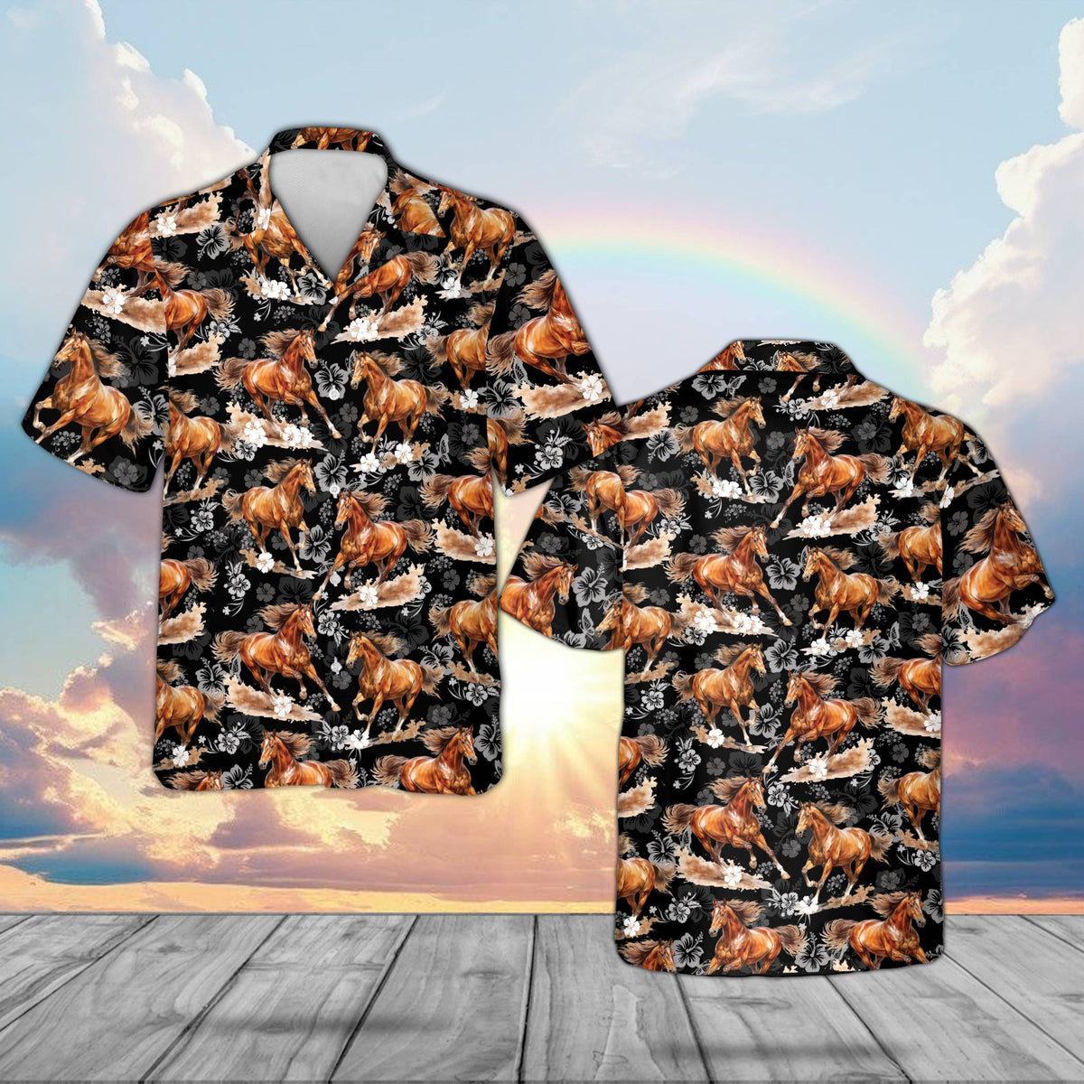 Black brown horse hawaiian shirt with hibiscus flowers, front view