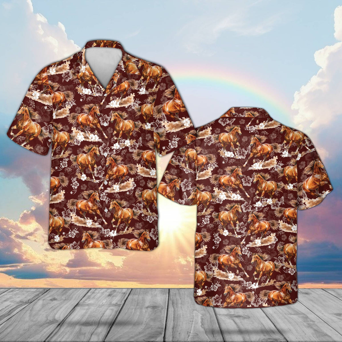 Brown brown horse hawaiian shirt with hibiscus flowers, front view