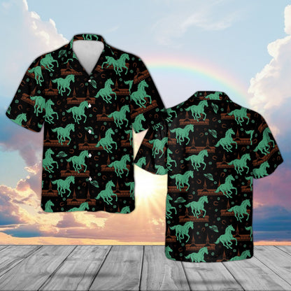 Front view of the black horse derby hawaiian shirt
