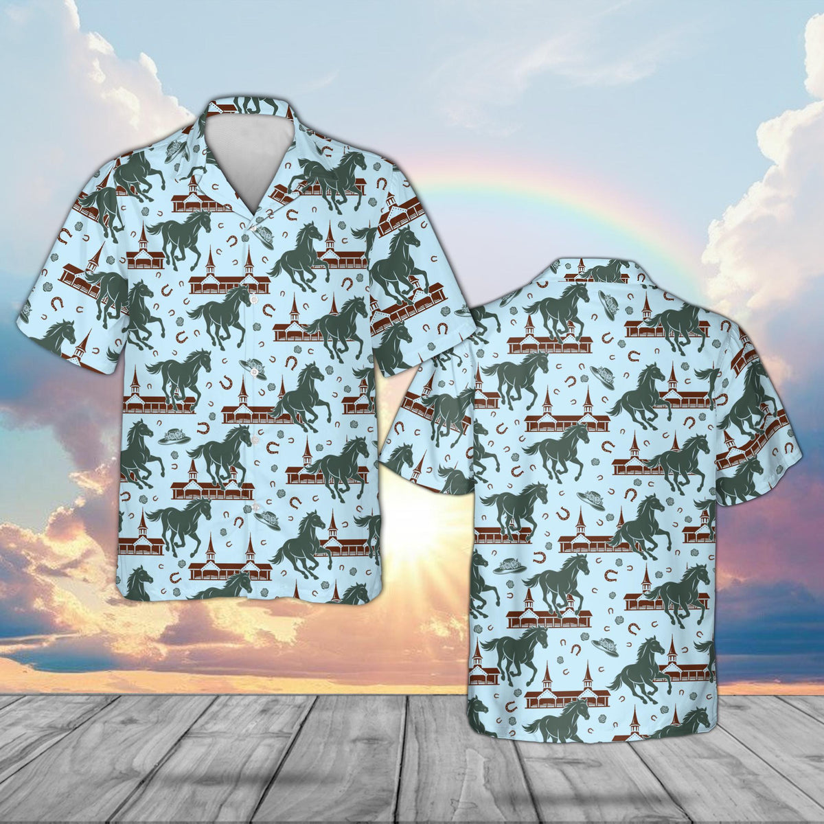 Front view of the blue horse derby hawaiian shirt