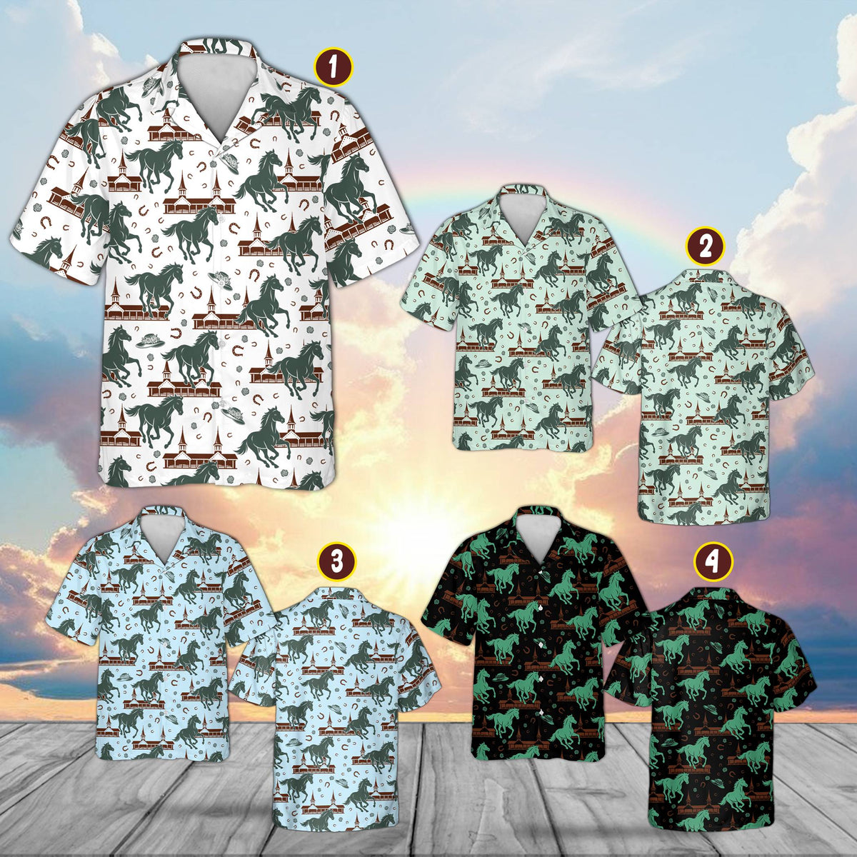 Front view of the horse derby matching family hawaiian shirt
