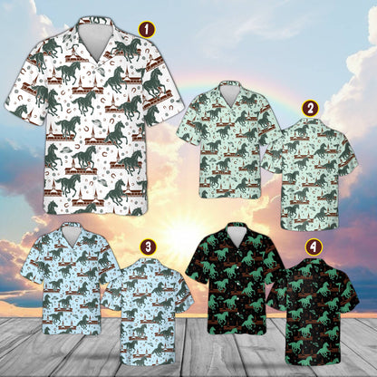 Front view of the horse derby matching family hawaiian shirt