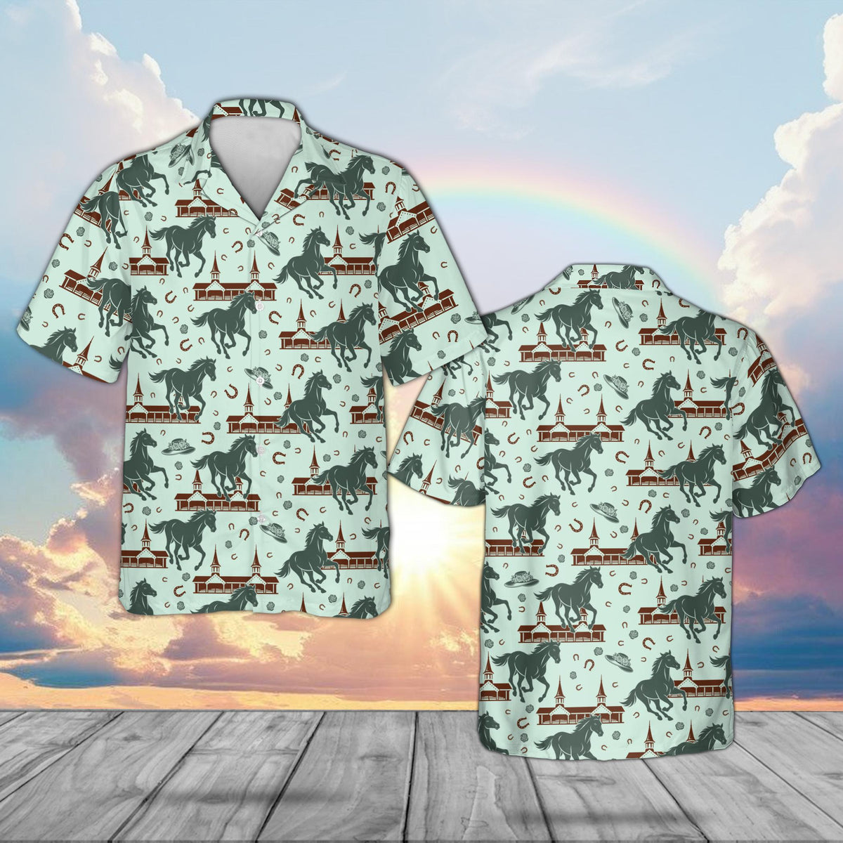 Front view of the green horse derby hawaiian shirt