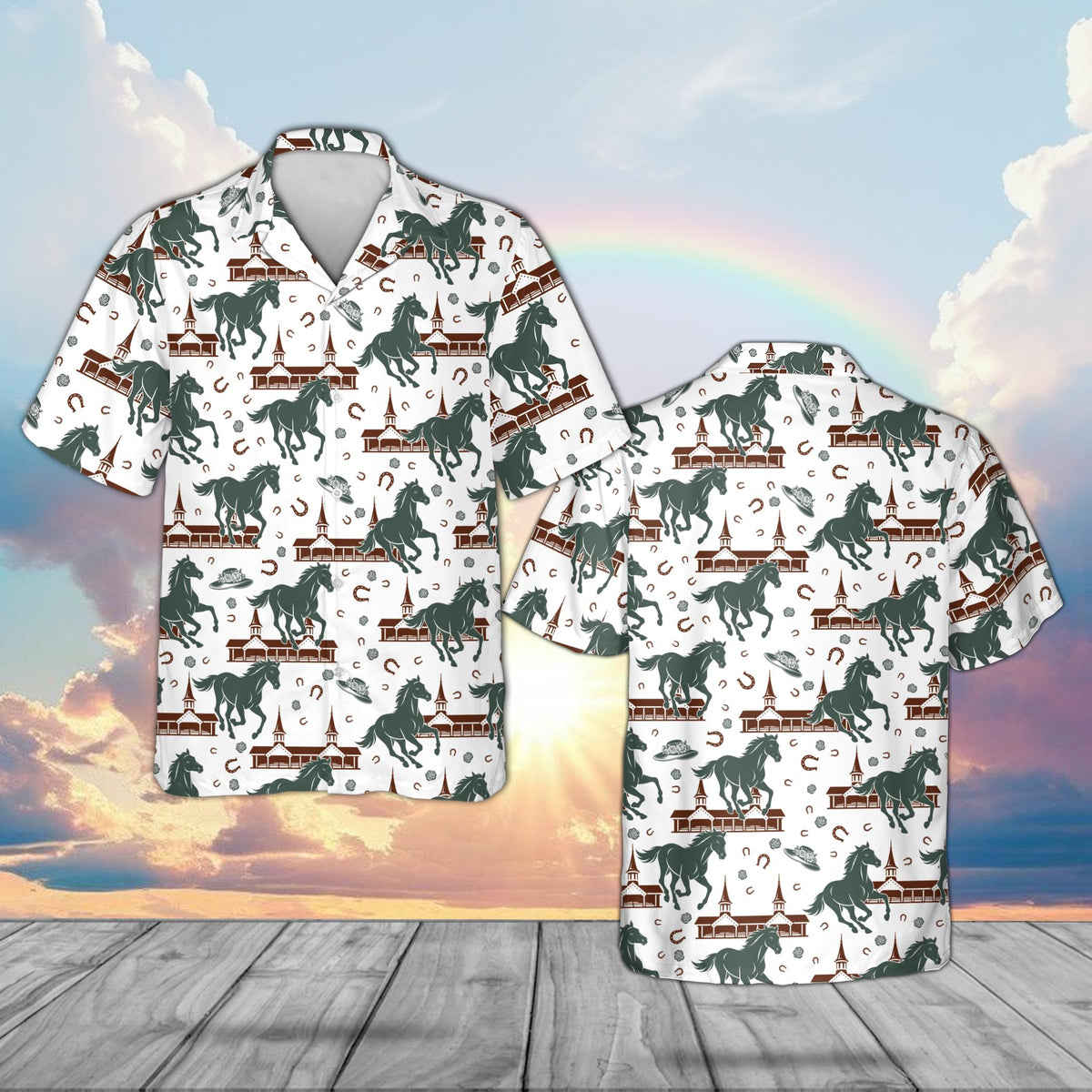 Main front view of the white horse derby hawaiian shirt