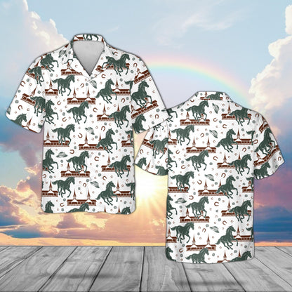 Main front view of the white horse derby hawaiian shirt