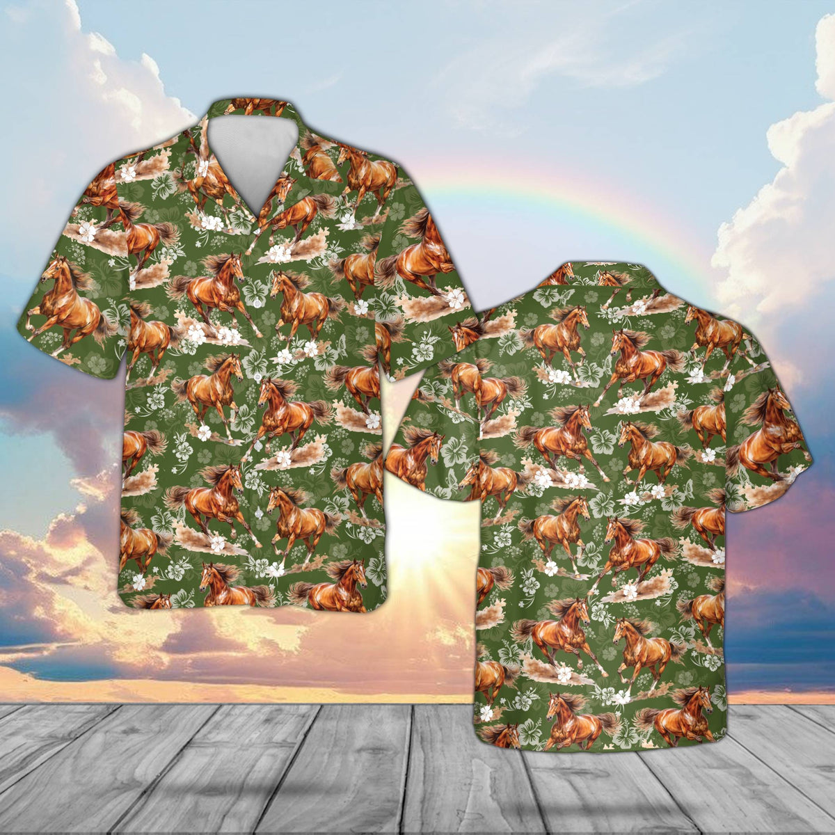 Green brown horse hawaiian shirt with hibiscus flowers, front view