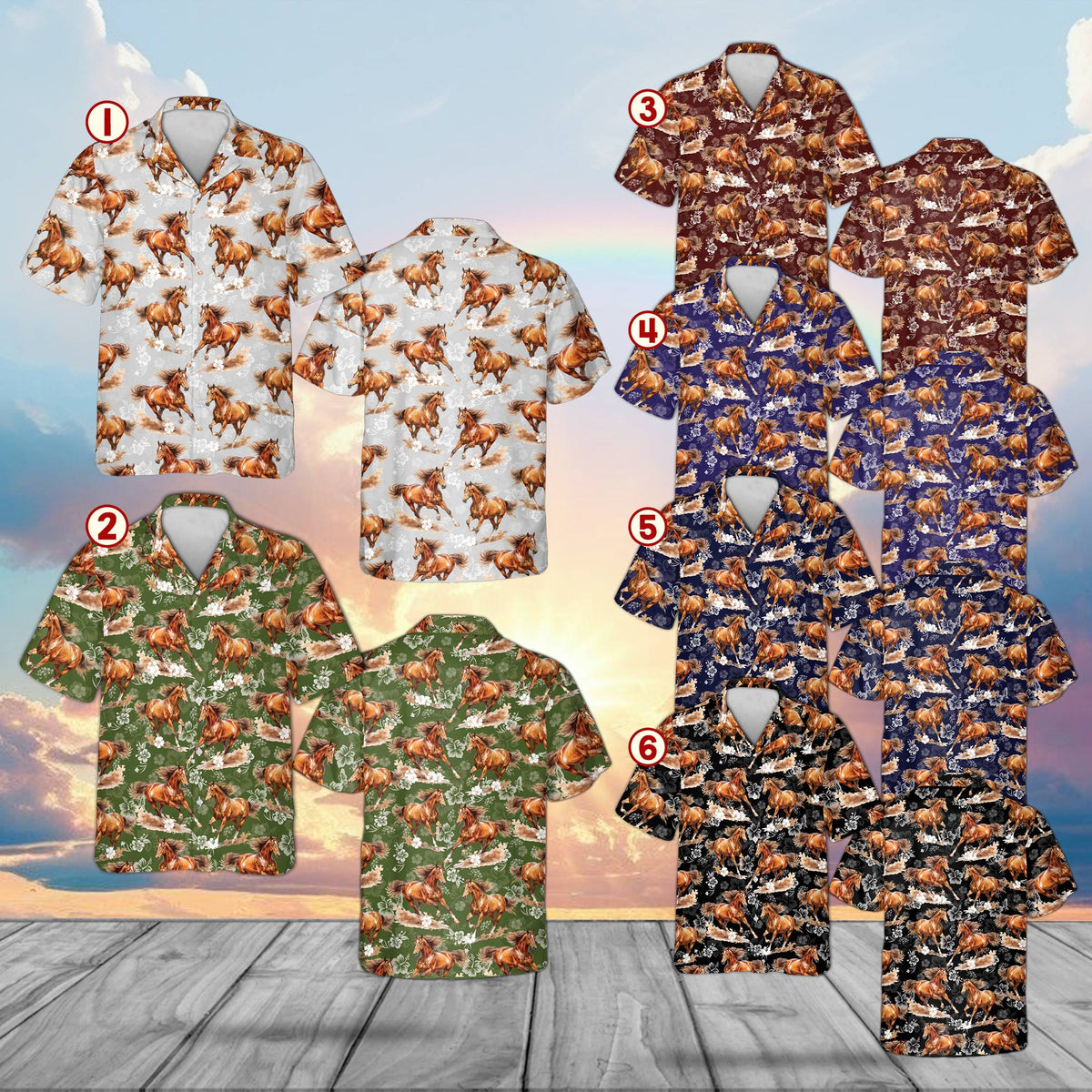 Multicolor brown horse hawaiian shirt with hibiscus flowers, front view