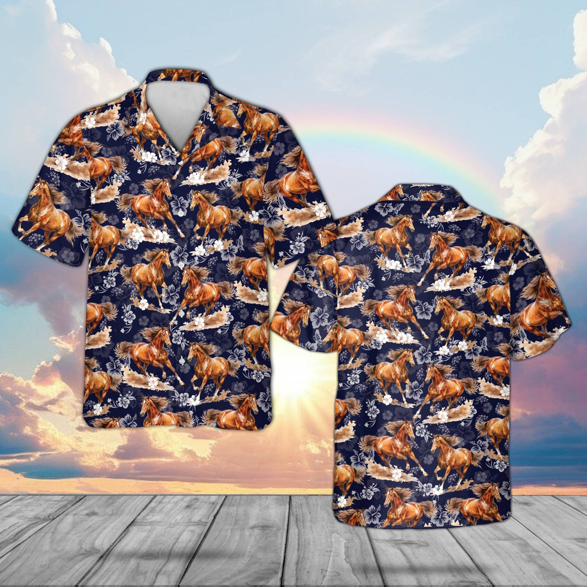 Navy brown horse hawaiian shirt with hibiscus flowers, front view