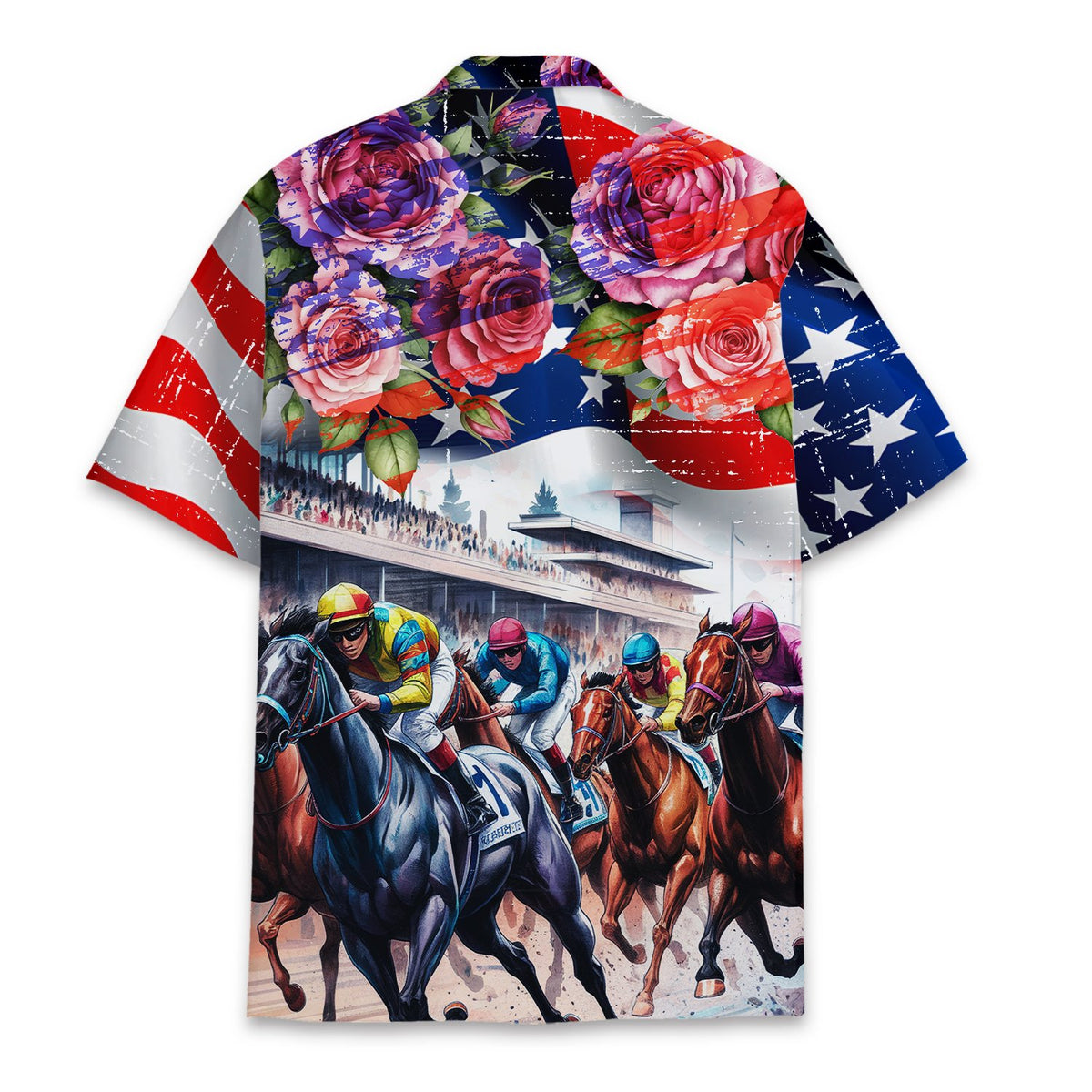 Back view of the matching family hawaiian shirt showing the grandstand and dirt track horse racing design