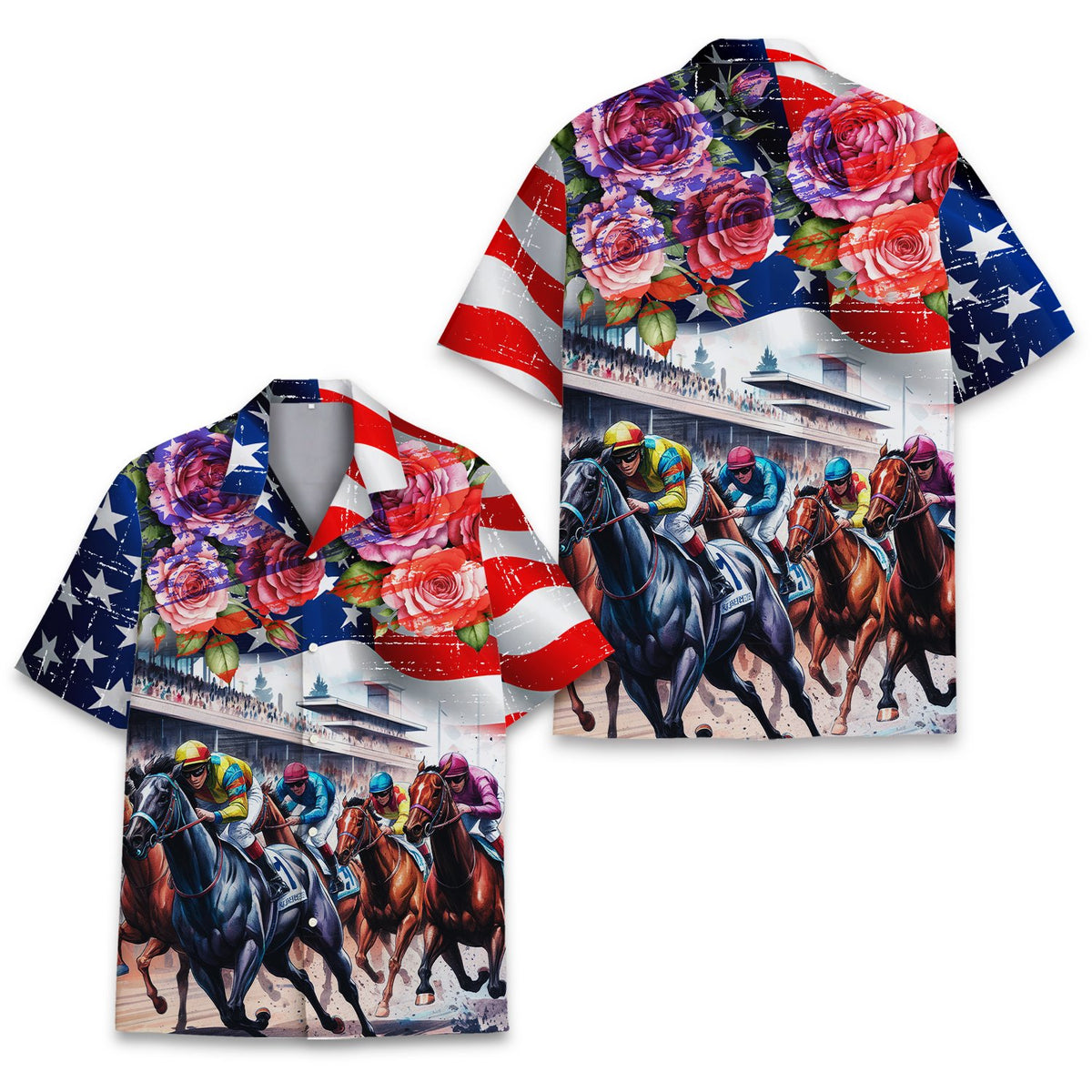 Front view of the horse racing americana hawaiian shirt featuring a distressed American flag and running horses