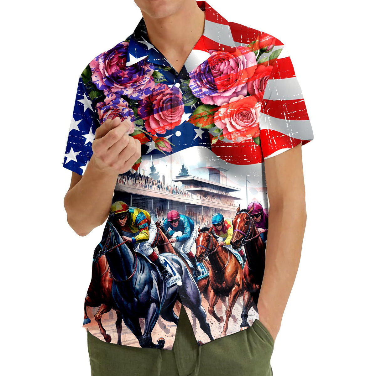 Another lifestyle view showcasing the vibrant red, white, and blue matching family outfit