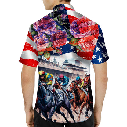 Close-up lifestyle view of the American flag and rose print details on the Hawaiian shirt