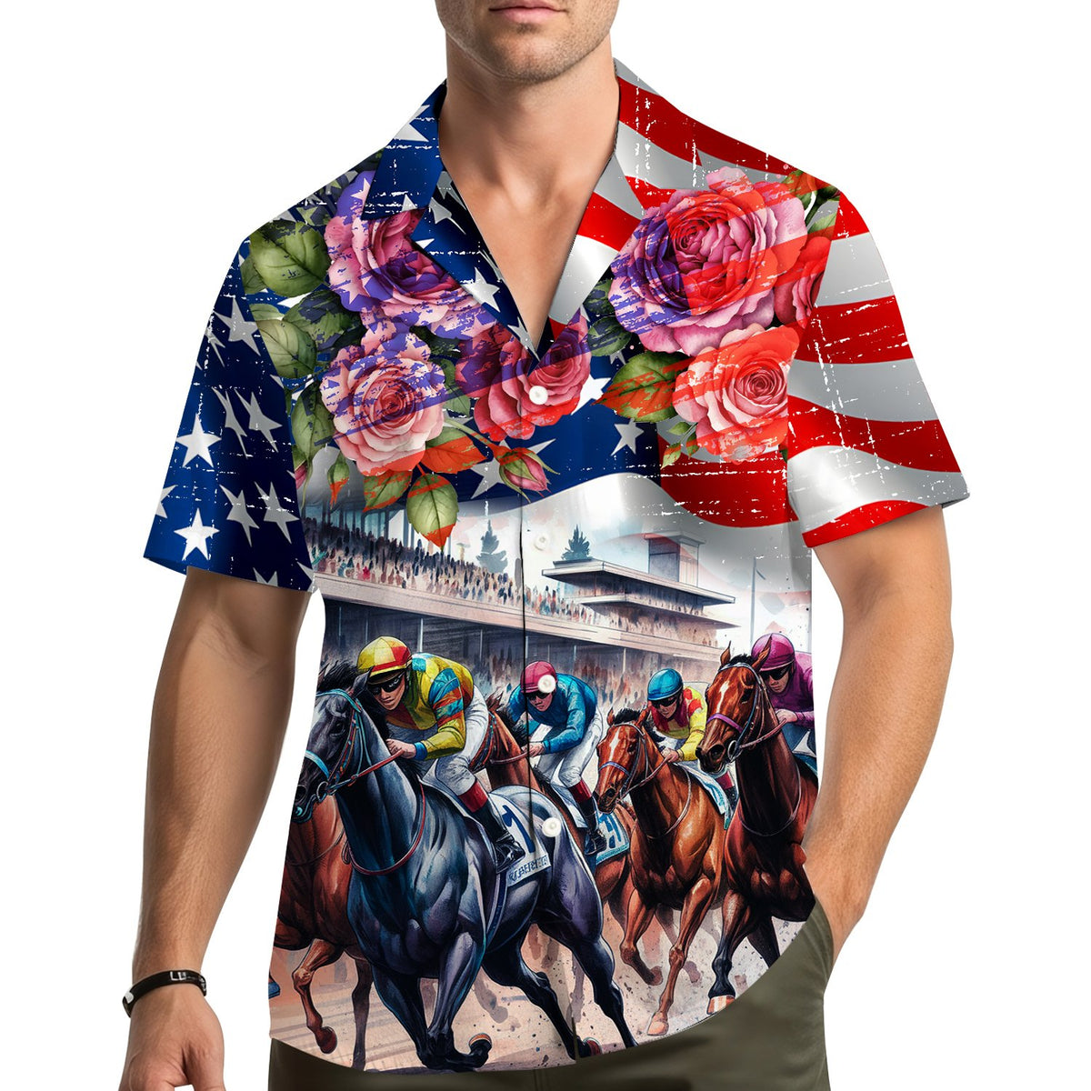 Lifestyle shot of someone wearing the Fourth of July horse racing Hawaiian shirt outdoors