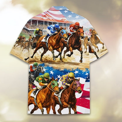 Detailed back view of the horse racing and patriotic matching family Hawaiian shirt