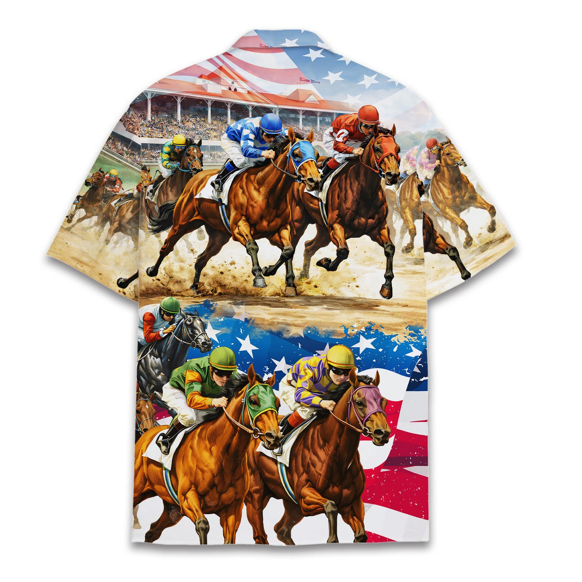 Back view of the horse racing and patriotic matching family Hawaiian shirt