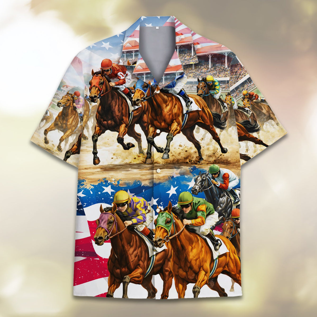 Detailed front view of the horse racing and patriotic matching family Hawaiian shirt