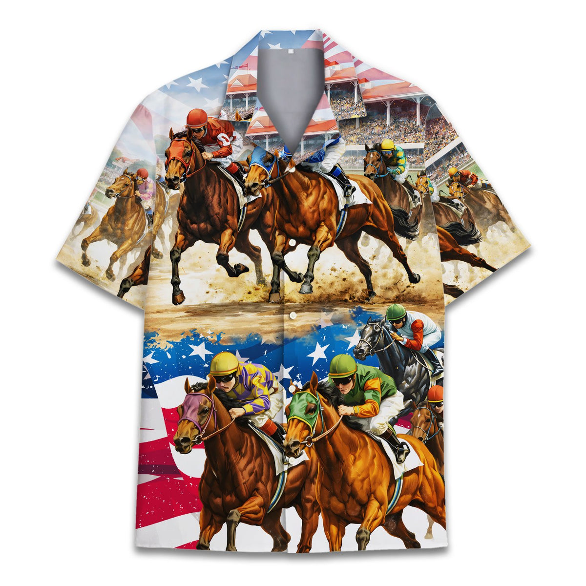 Front view of the horse racing and patriotic matching family Hawaiian shirt