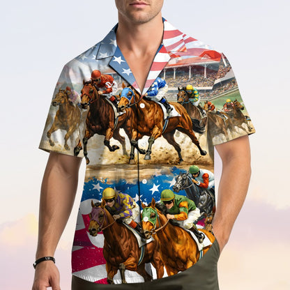 Another lifestyle image showing the horse racing and patriotic matching family Hawaiian shirt being worn